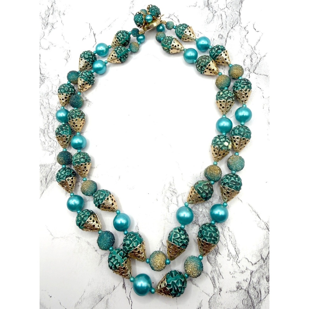 Vintage Hong‎ Kong Beaded Necklace Turquoise Gold Filigree Statement
